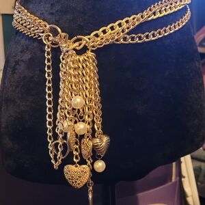 Gold Puffy Heart Charm Belt with Pearls, 26" With a 14" Adjustable Chain